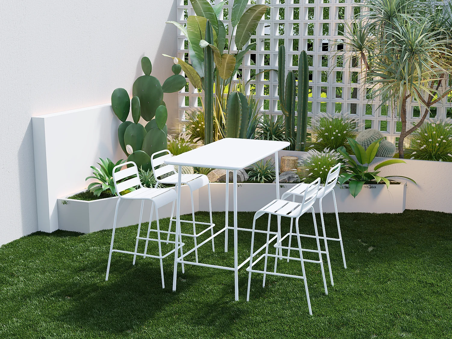 Salle à manger haute de jardin en métal : une table L.120 cm et 4 chaises - Blanc - MIRMANDE de MYLIA