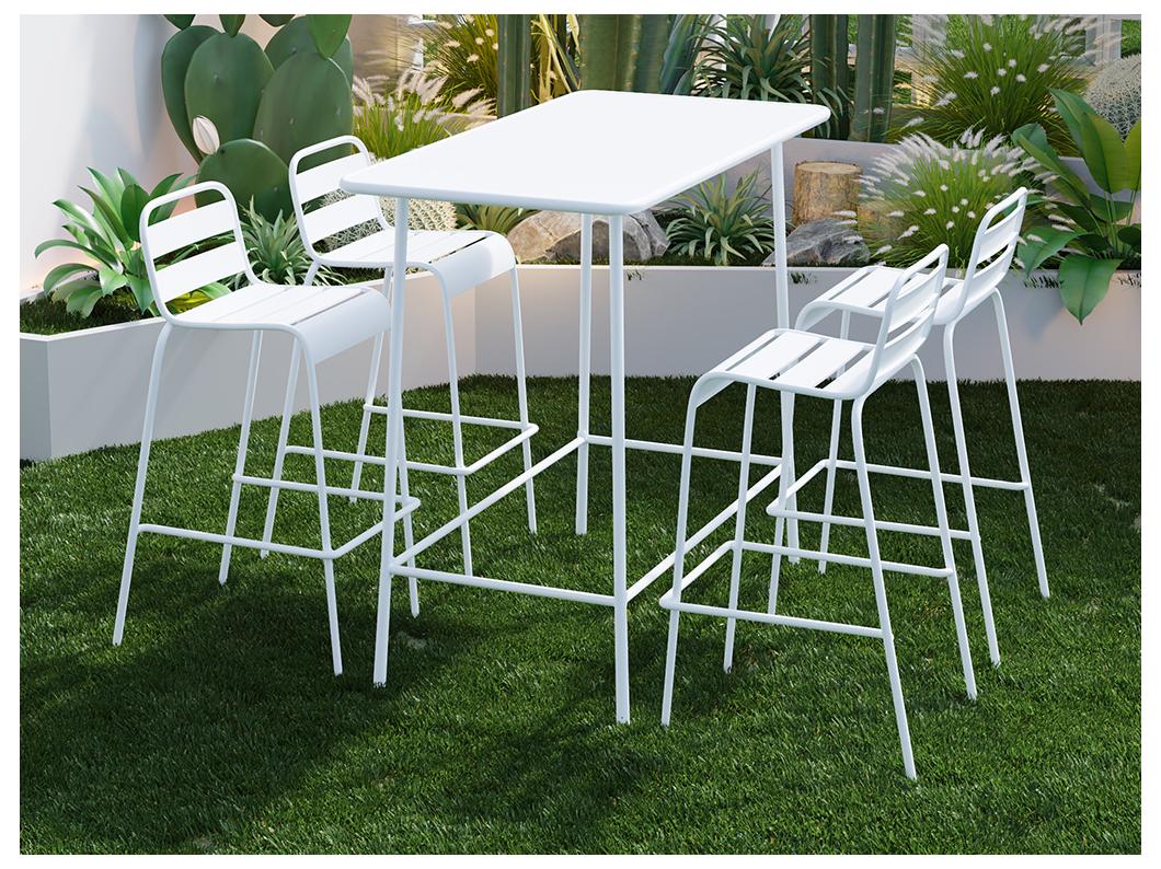 Salle à manger haute de jardin en métal : une table L.120 cm et 4 chaises - Blanc - MIRMANDE de MYLIA