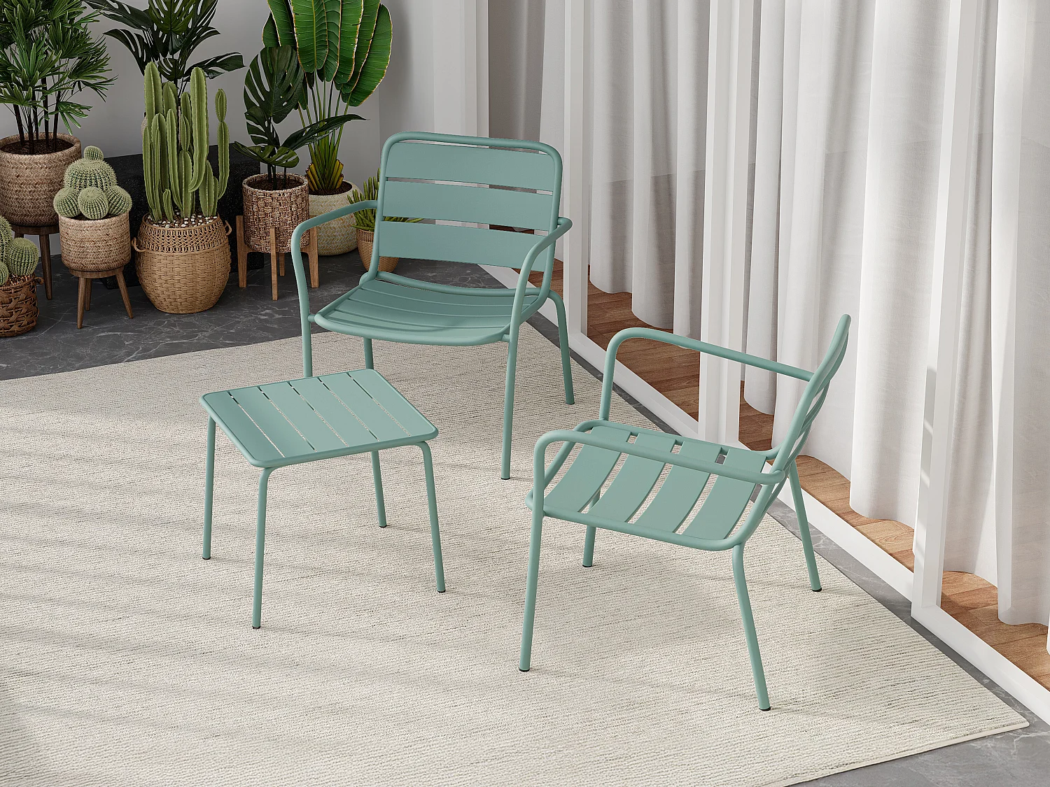 Tuinzithoek van metaal - 2 lage opstapelbare fauteuils en een vierkant bijzettafeltje - Amandelgroen - MIRMANDE van MYLIA