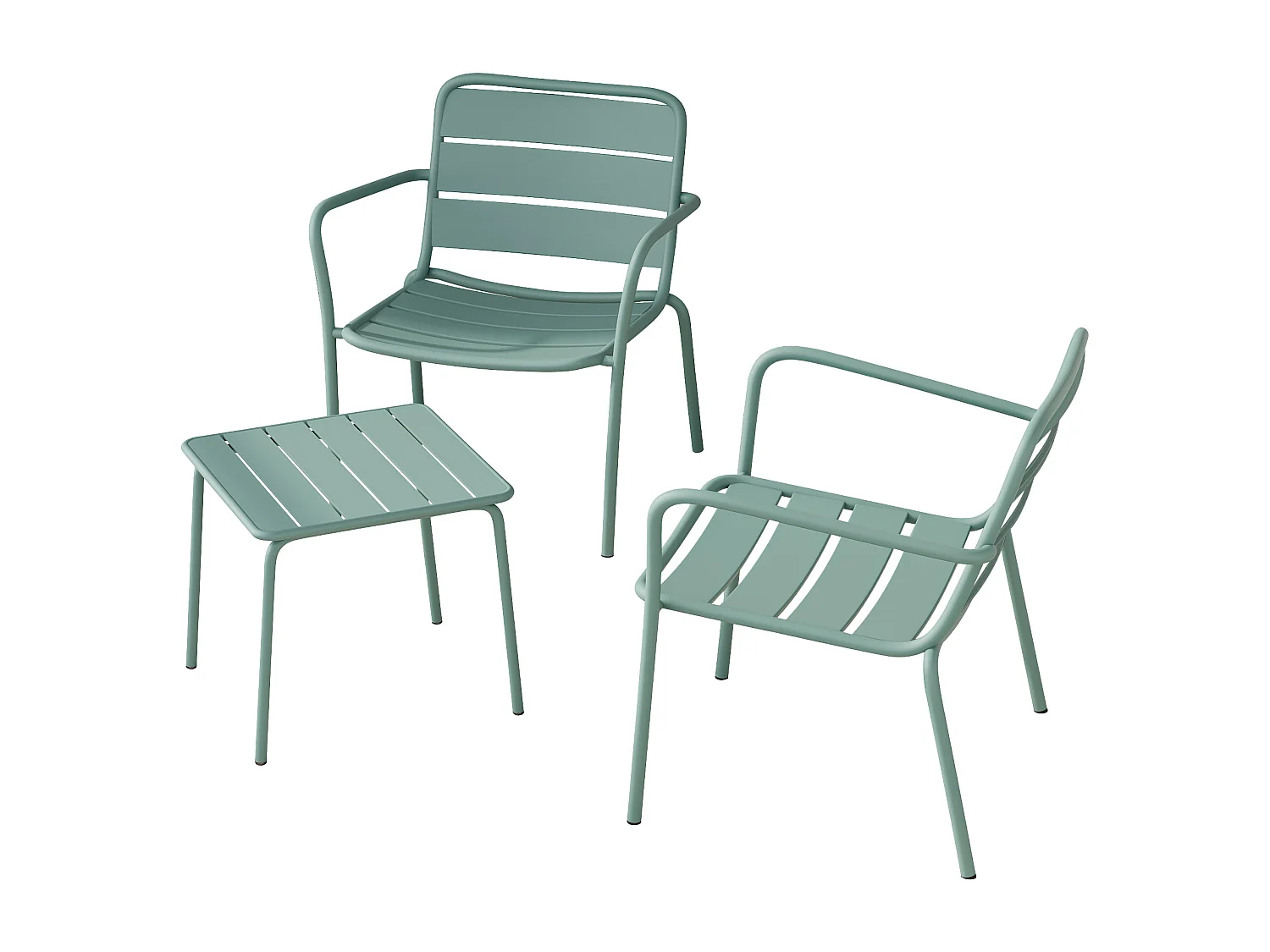 Salon de jardin en métal - 2 fauteuils bas empilables et une table d'appoint carrée - Vert amande - MIRMANDE de MYLIA