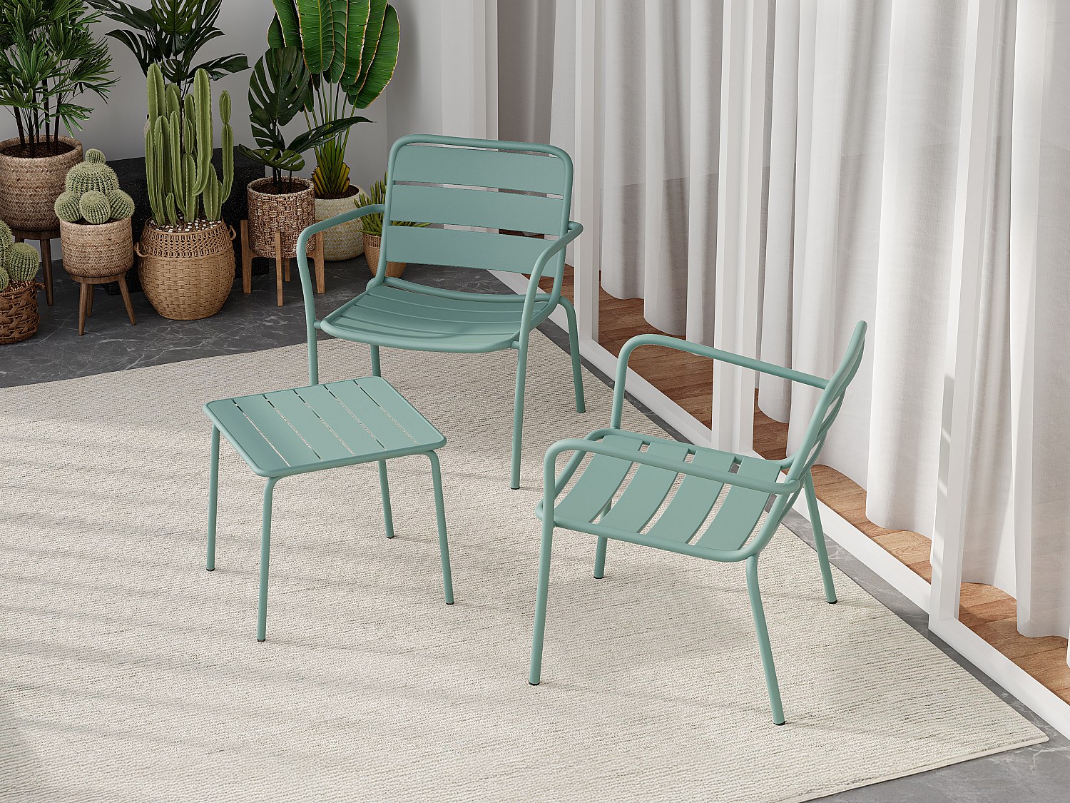 Vente-unique Garten-Sitzgruppe, 2 Niedrige, Stapelbare Sessel + Beistelltisch Quadratisch - Metall - Mandelgrün - Mirmande Von Mylia