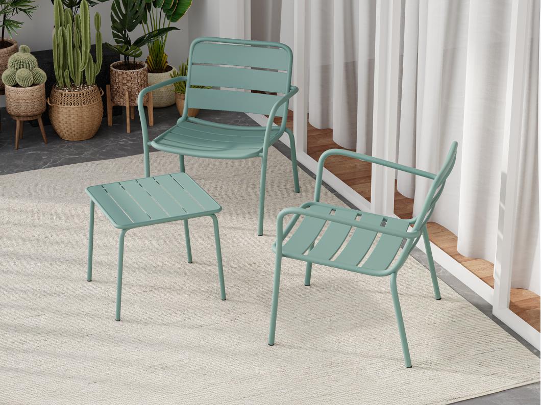 Salon de jardin en métal - 2 fauteuils bas empilables et une table d'appoint carrée - Vert amande - MIRMANDE de MYLIA