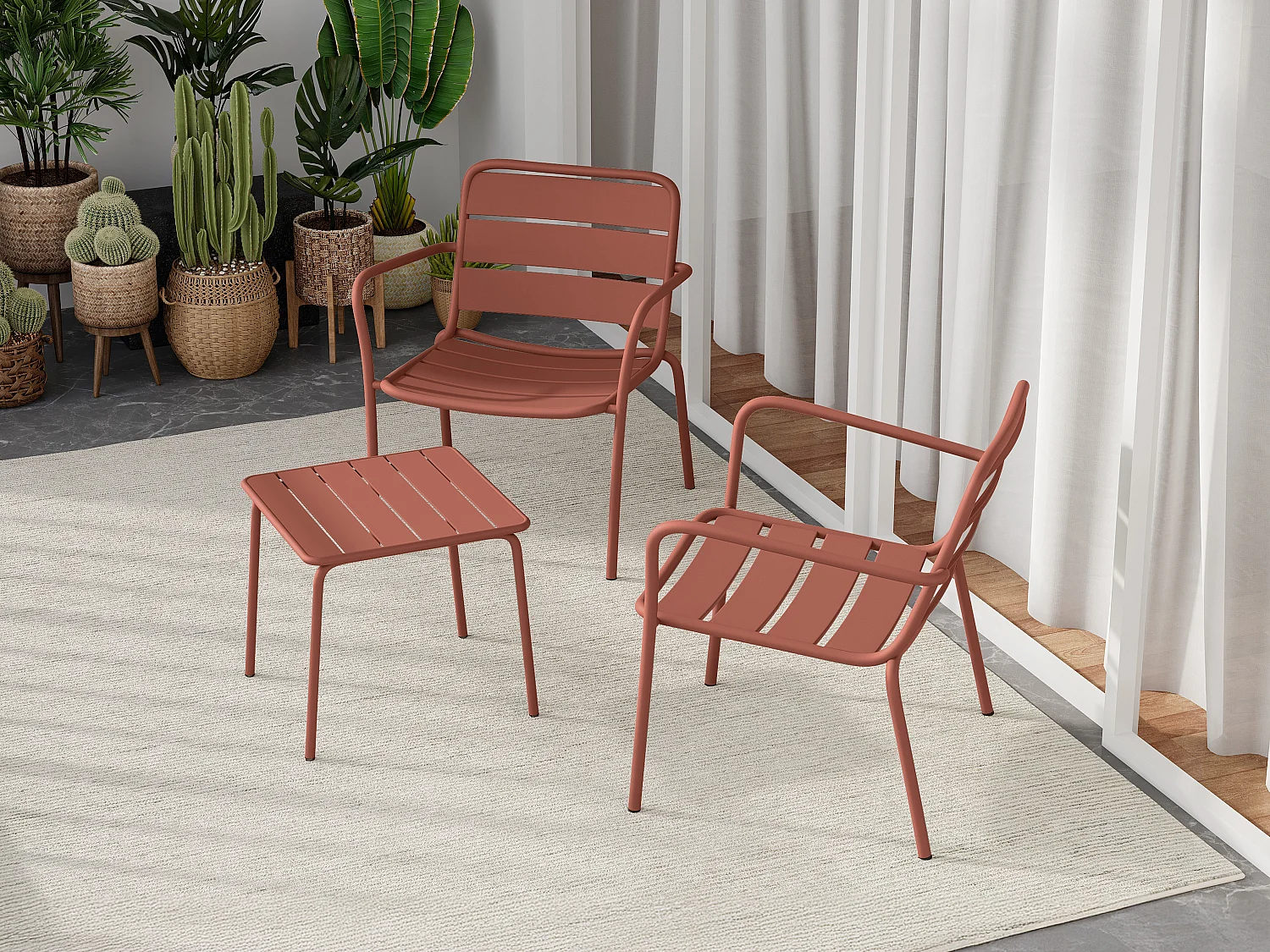 Garten-Sitzgruppe: 2 niedrige, stapelbare Sessel + Beistelltisch quadratisch - Metall - Terracotta - MIRMANDE von MYLIA