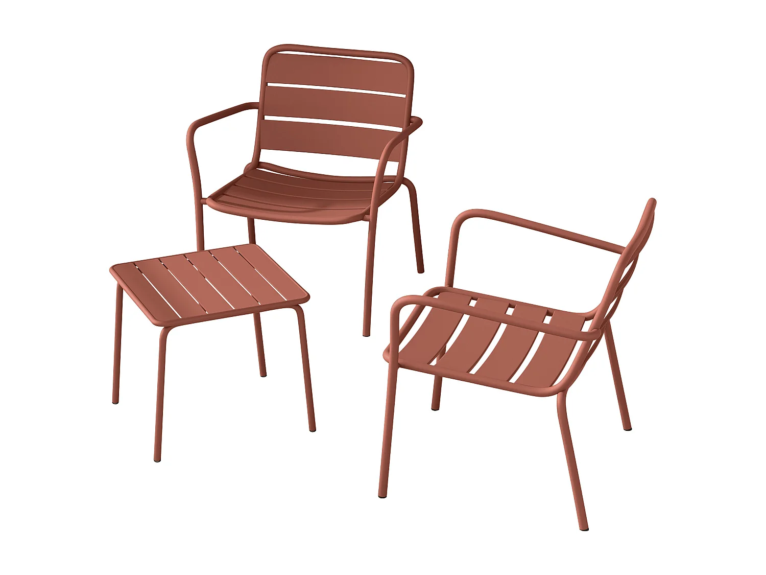 Garten-Sitzgruppe: 2 niedrige, stapelbare Sessel + Beistelltisch quadratisch - Metall - Terracotta - MIRMANDE von MYLIA