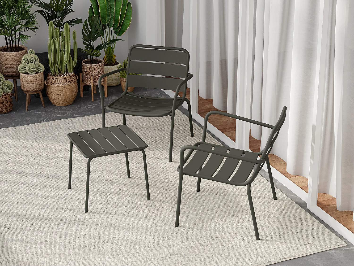 Salon de jardin en métal - 2 fauteuils bas empilables et une table d'appoint carrée - Gris anthracite - MIRMANDE de MYLIA