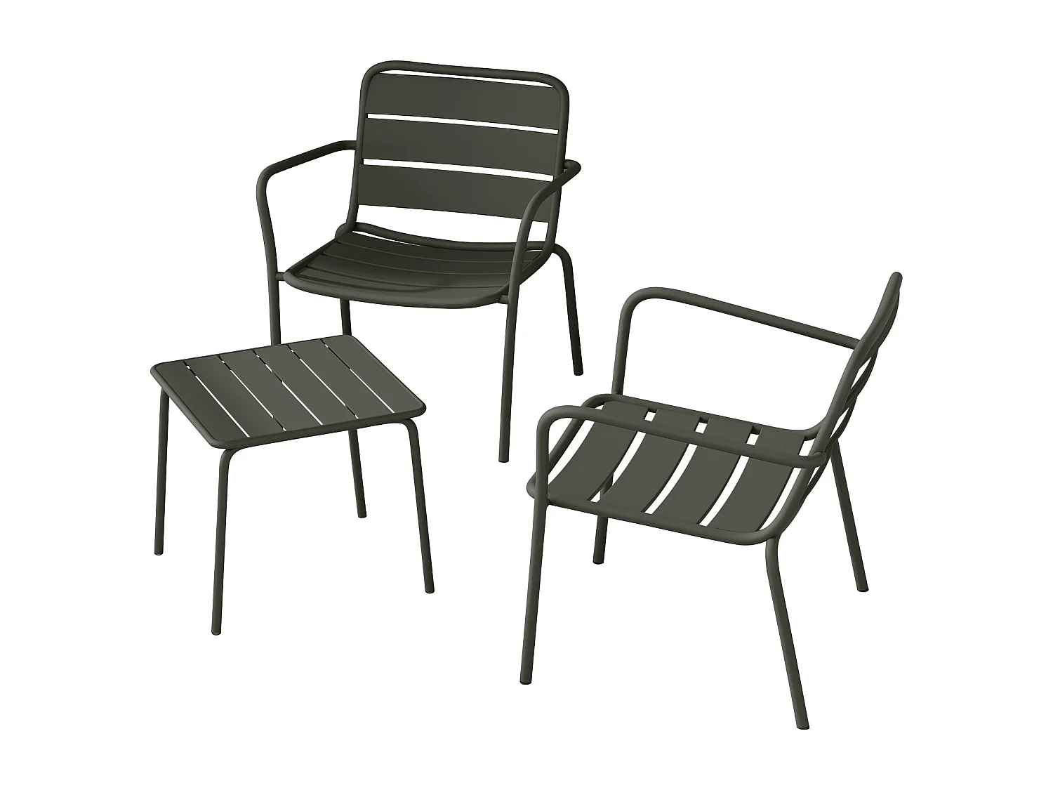 Tuinzithoek van metaal - 2 lage opstapelbare fauteuils en een vierkant bijzettafeltje - Donkergrijs - MIRMANDE van MYLIA