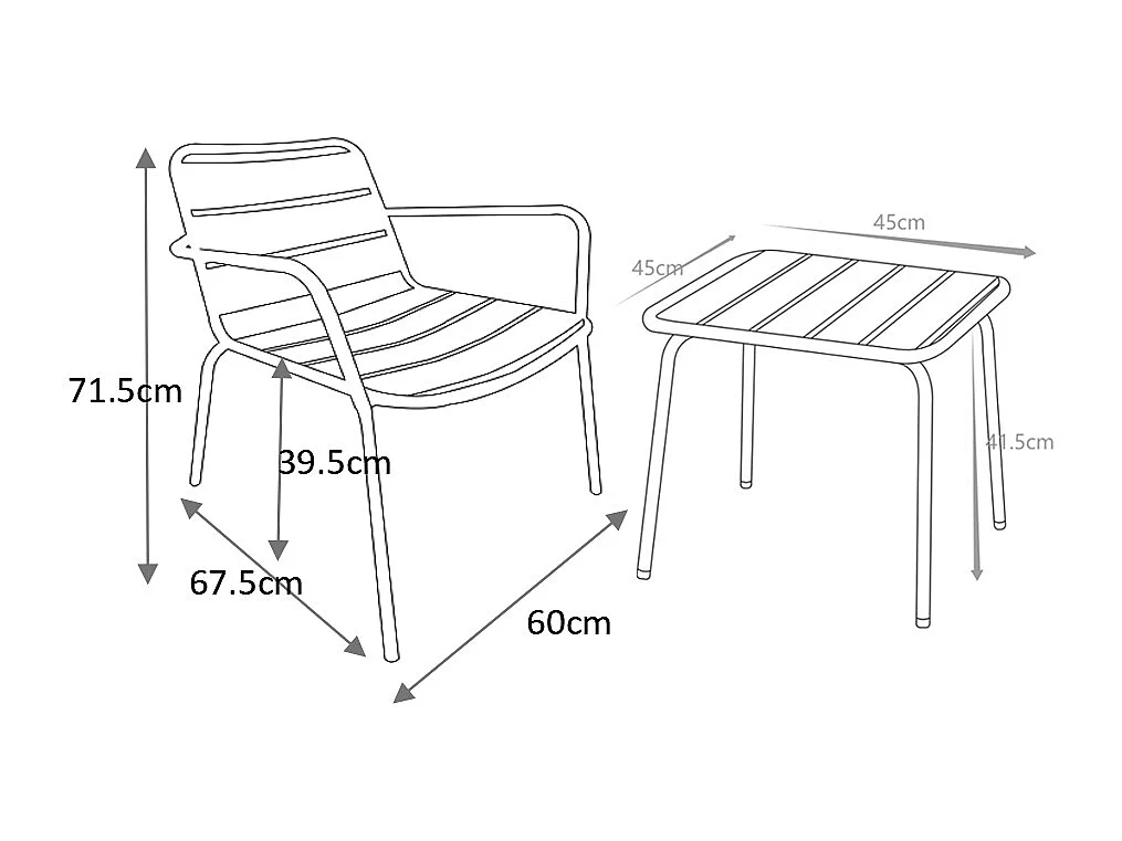 Tuinzithoek van metaal - 2 lage opstapelbare fauteuils en een vierkant bijzettafeltje - Donkergrijs - MIRMANDE van MYLIA
