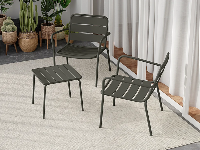 Tuinzithoek van metaal - 2 lage opstapelbare fauteuils en een vierkant bijzettafeltje - Donkergrijs - MIRMANDE van MYLIA