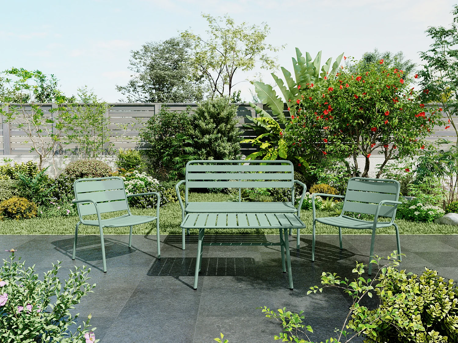 Tuinzithoek van metaal: 1 bankje, 2 lage fauteuils en een salontafel - Amandelgroen - MIRMANDE van MYLIA