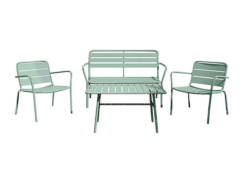 Garten-Sitzgruppe: Bank, 2 niedrige Sessel + Tisch - Metall - Mandelgrün - MIRMANDE von MYLIA