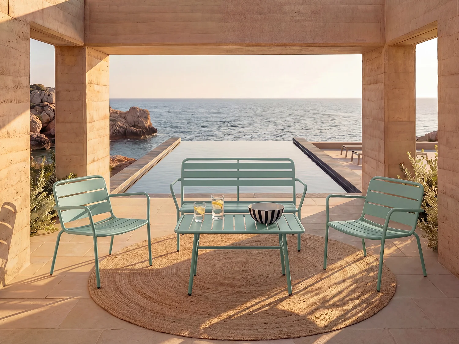 Salon de jardin en métal : un banc, 2 fauteuils bas et une table basse - Vert amande - MIRMANDE de MYLIA