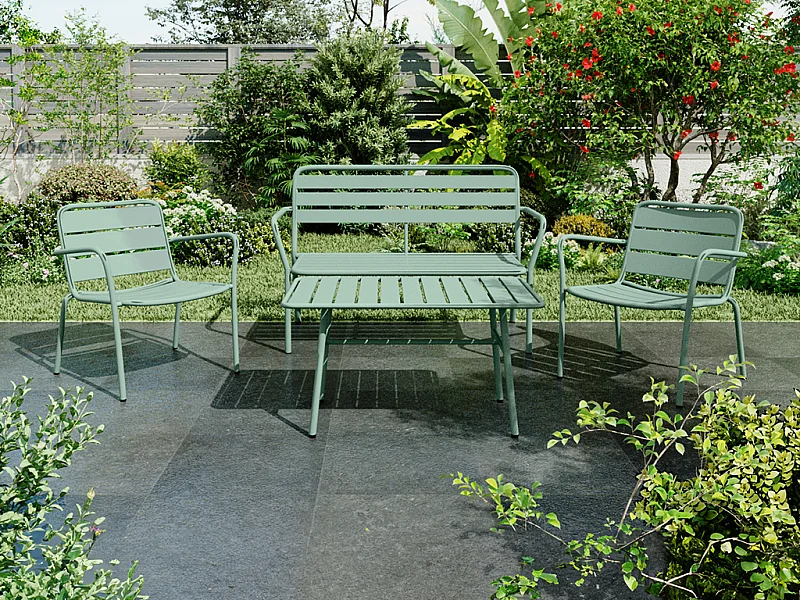 Garten-Sitzgruppe: Bank, 2 niedrige Sessel + Tisch - Metall - Mandelgrün - MIRMANDE von MYLIA