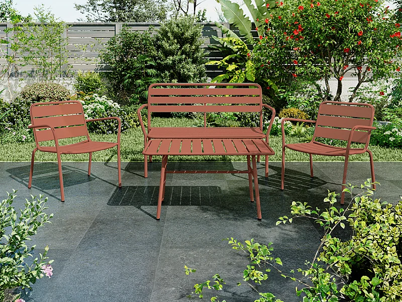 Tuinzithoek van metaal: 1 bankje, 2 lage fauteuils en een salontafel - Terracotta - MIRMANDE van MYLIA