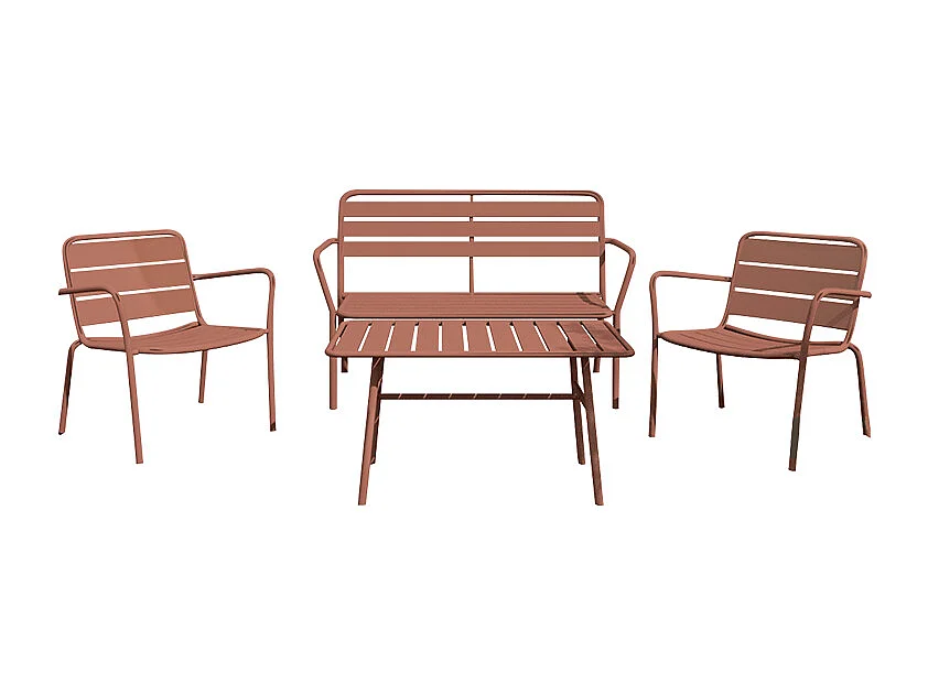 Salon de jardin en métal : un banc, 2 fauteuils bas et une table basse - Terracotta - MIRMANDE de MYLIA