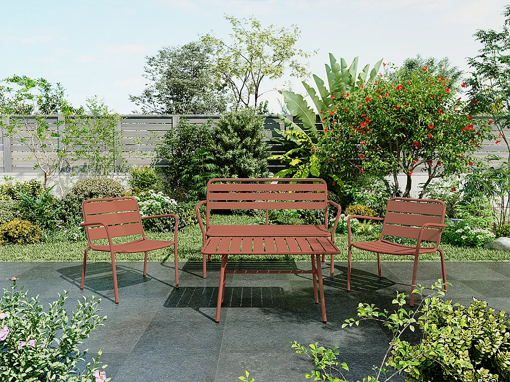 Salon de jardin en métal : un banc, 2 fauteuils bas et une table basse - Terracotta - MIRMANDE de MYLIA