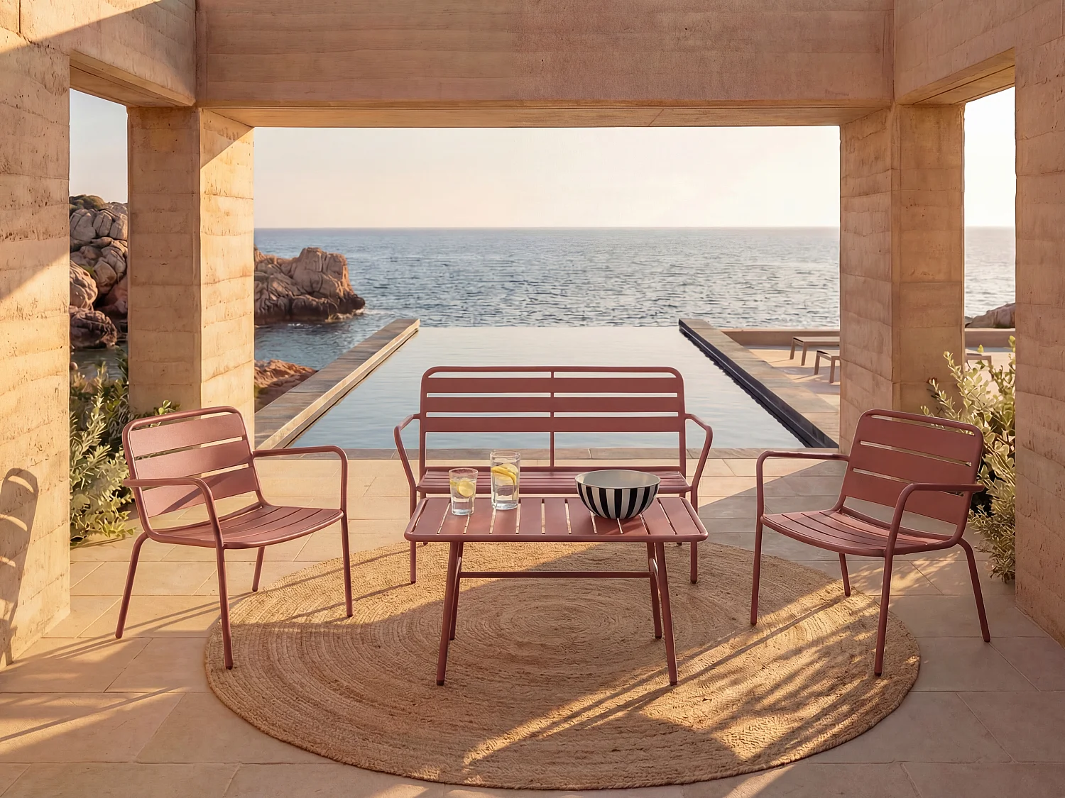 Tuinzithoek van metaal: 1 bankje, 2 lage fauteuils en een salontafel - Terracotta - MIRMANDE van MYLIA