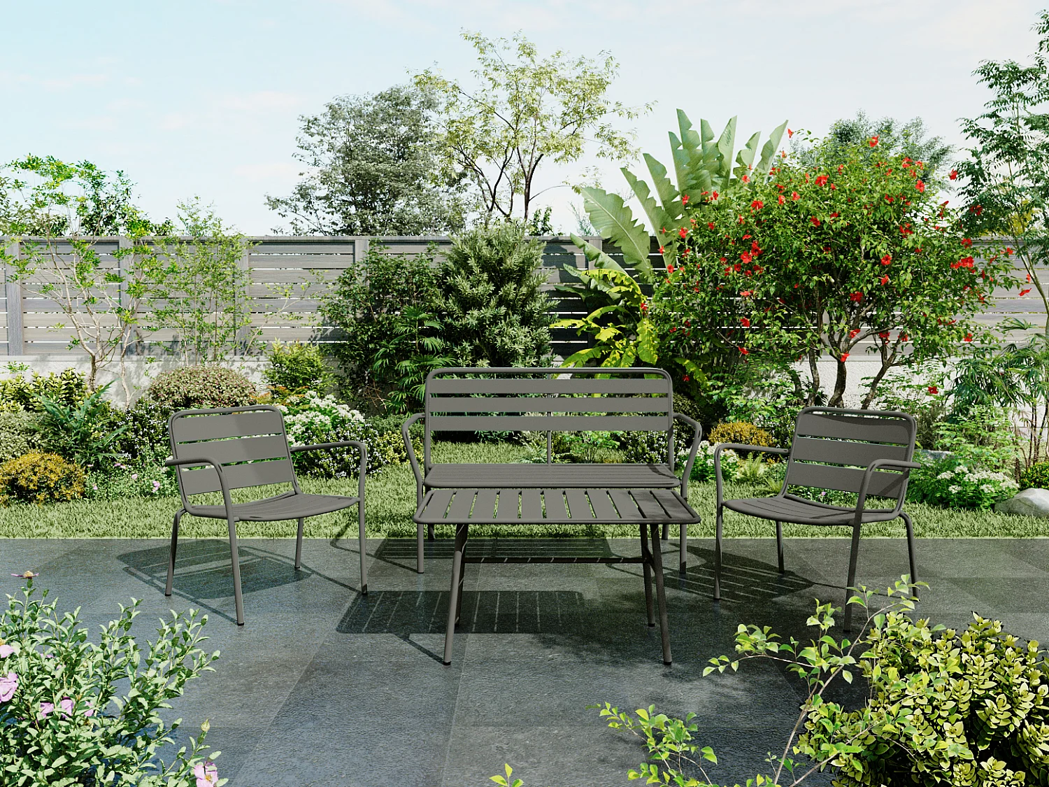 Garten-Sitzgruppe: Bank, 2 niedrige Sessel + Tisch - Metall - Anthrazitgrau - MIRMANDE von MYLIA