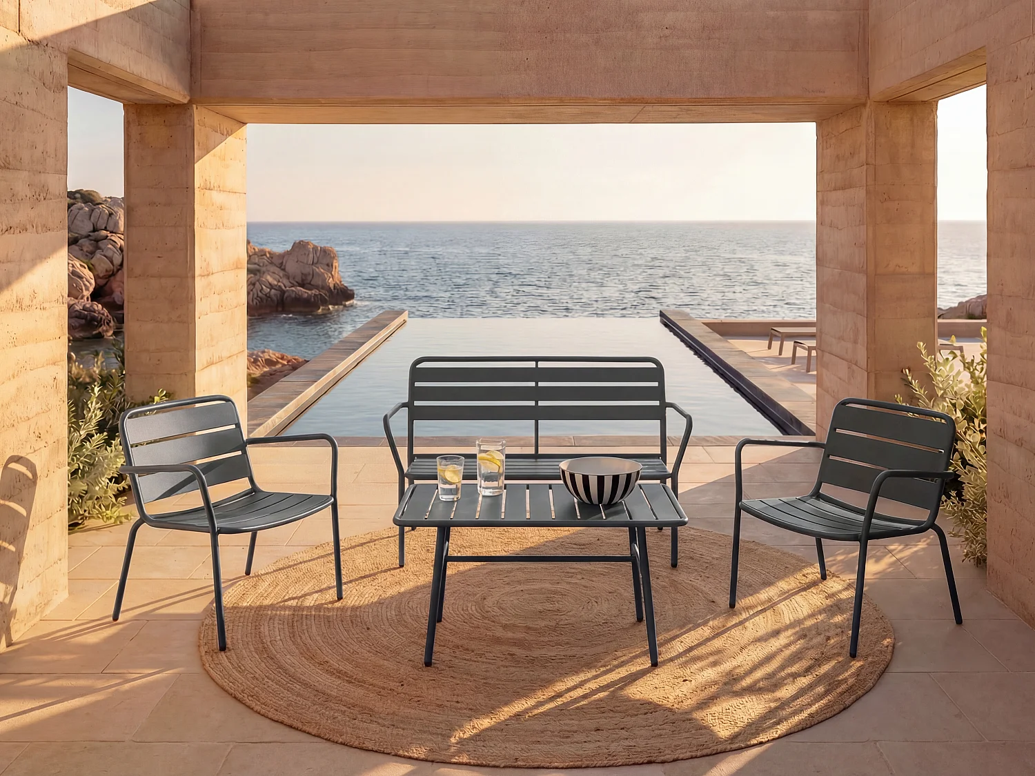 Salon de jardin en métal : un banc, 2 fauteuils bas et une table basse - Gris anthracite - MIRMANDE de MYLIA