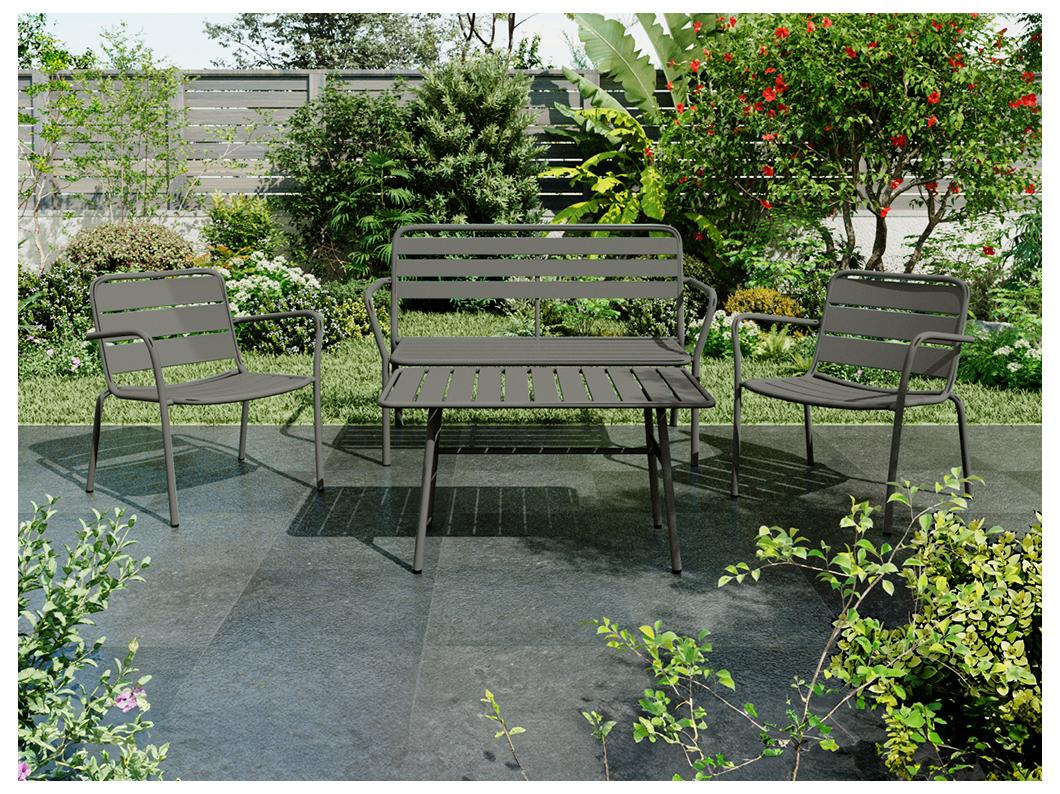 Garten-Sitzgruppe: Bank, 2 niedrige Sessel + Tisch - Metall - Anthrazitgrau - MIRMANDE von MYLIA