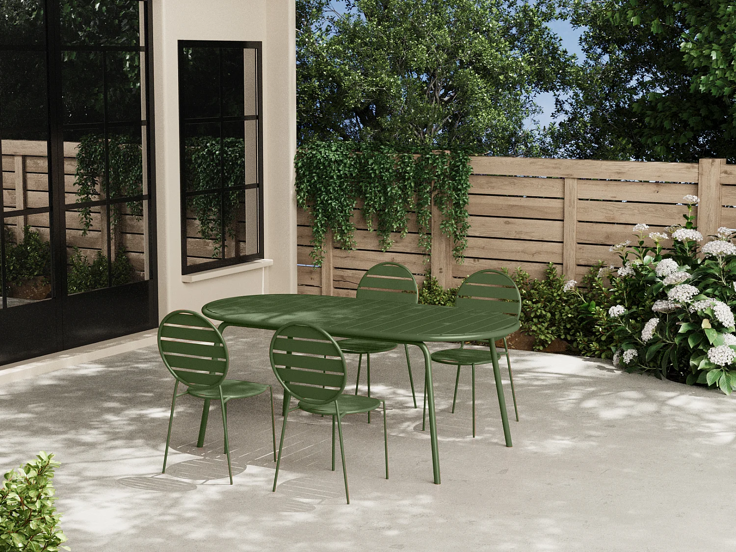 Conjunto de jantar de jardim em metal: uma mesa oval C180 cm e 4 cadeiras caqui - MONTEFARO de MYLIA