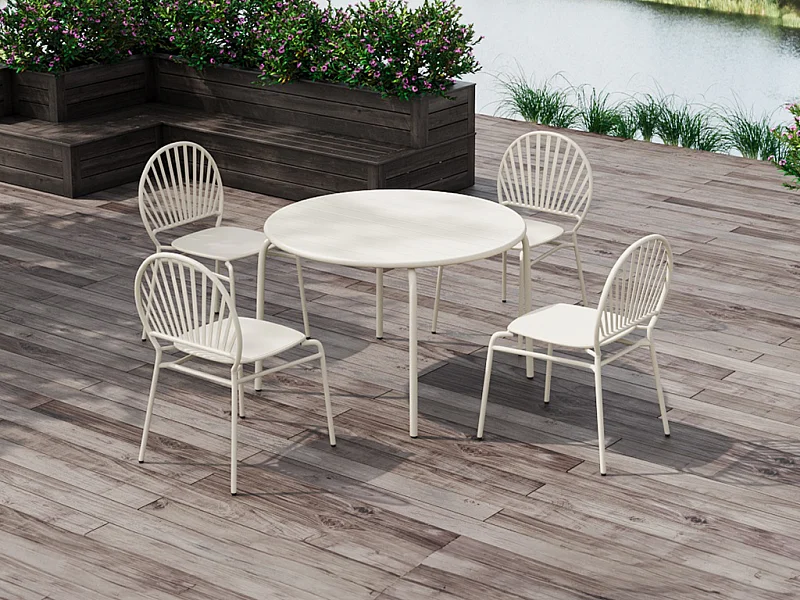 Zestaw mebli jadalnianych ogrodowych z metalu: stół o śr. 110 cm i 4 krzesła - Beżowy - CEDEIRA marki MYLIA