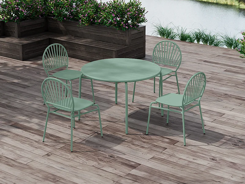 Garten-Essgruppe aus Metall: Tisch 110 cm & 4 Stühle - Mandelgrün - CEDEIRA von MYLIA
