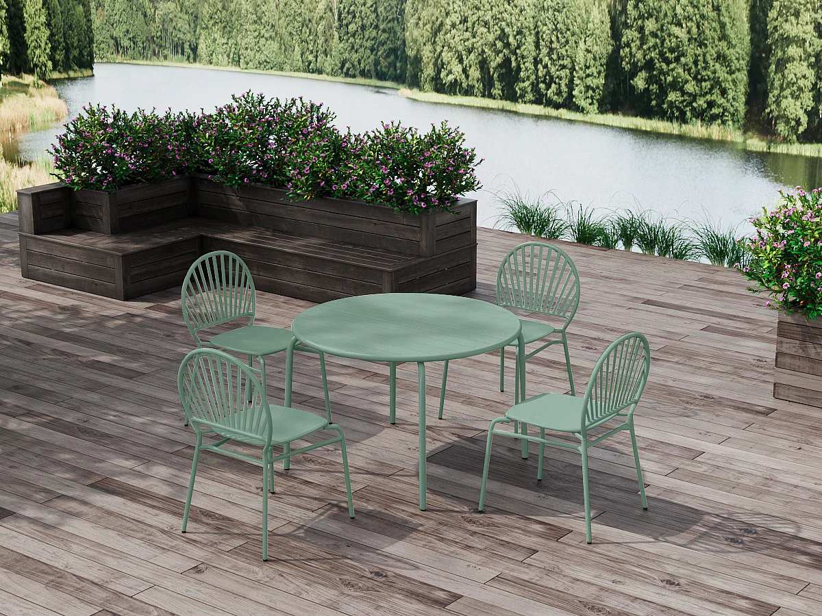 Salle à manger de jardin en métal : une table D.110 cm et 4 chaises - Vert amande - CEDEIRA de MYLIA