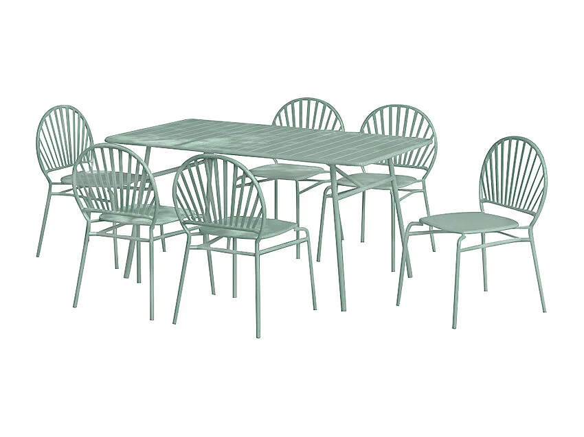 Salle à manger de jardin en métal : une table L.160 cm et 6 chaises - Vert amande - CEDEIRA de MYLIA