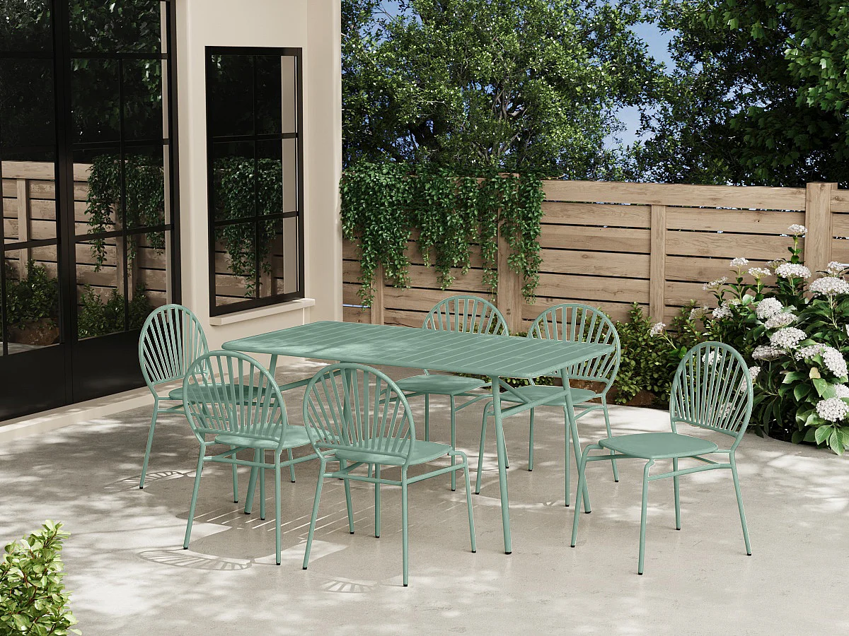 Salle à manger de jardin en métal : une table L.160 cm et 6 chaises - Vert amande - CEDEIRA de MYLIA