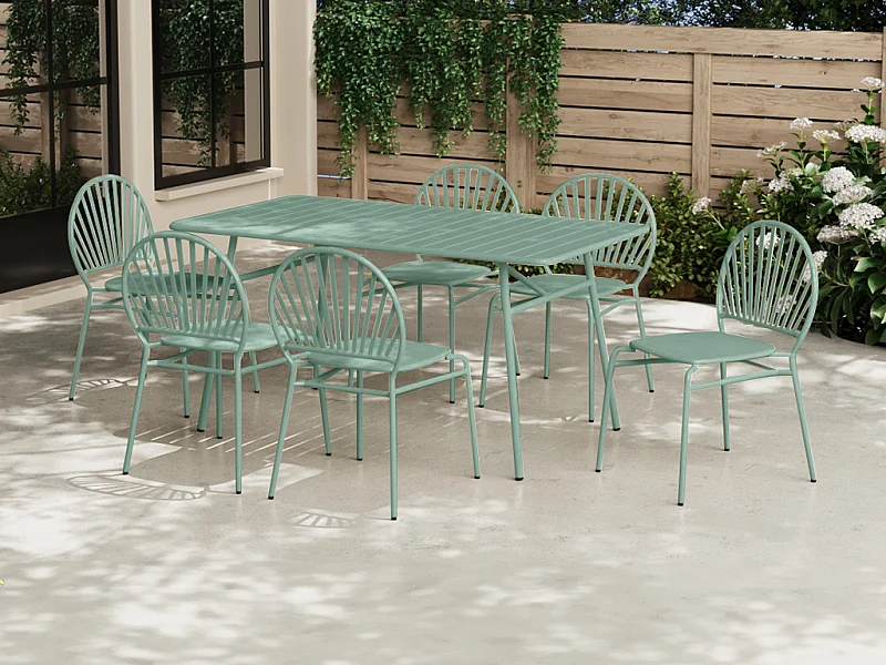 Garten-Essgruppe aus Metall: Tisch 160 cm & 6 Stühle - Mandelgrün - CEDEIRA von MYLIA