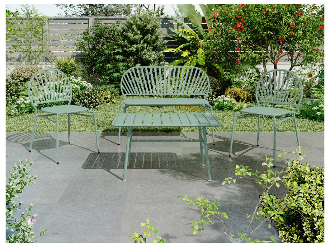 Salon de jardin en métal : un banc, 2 chaises et une table basse - Vert amande - CEDEIRA de MYLIA