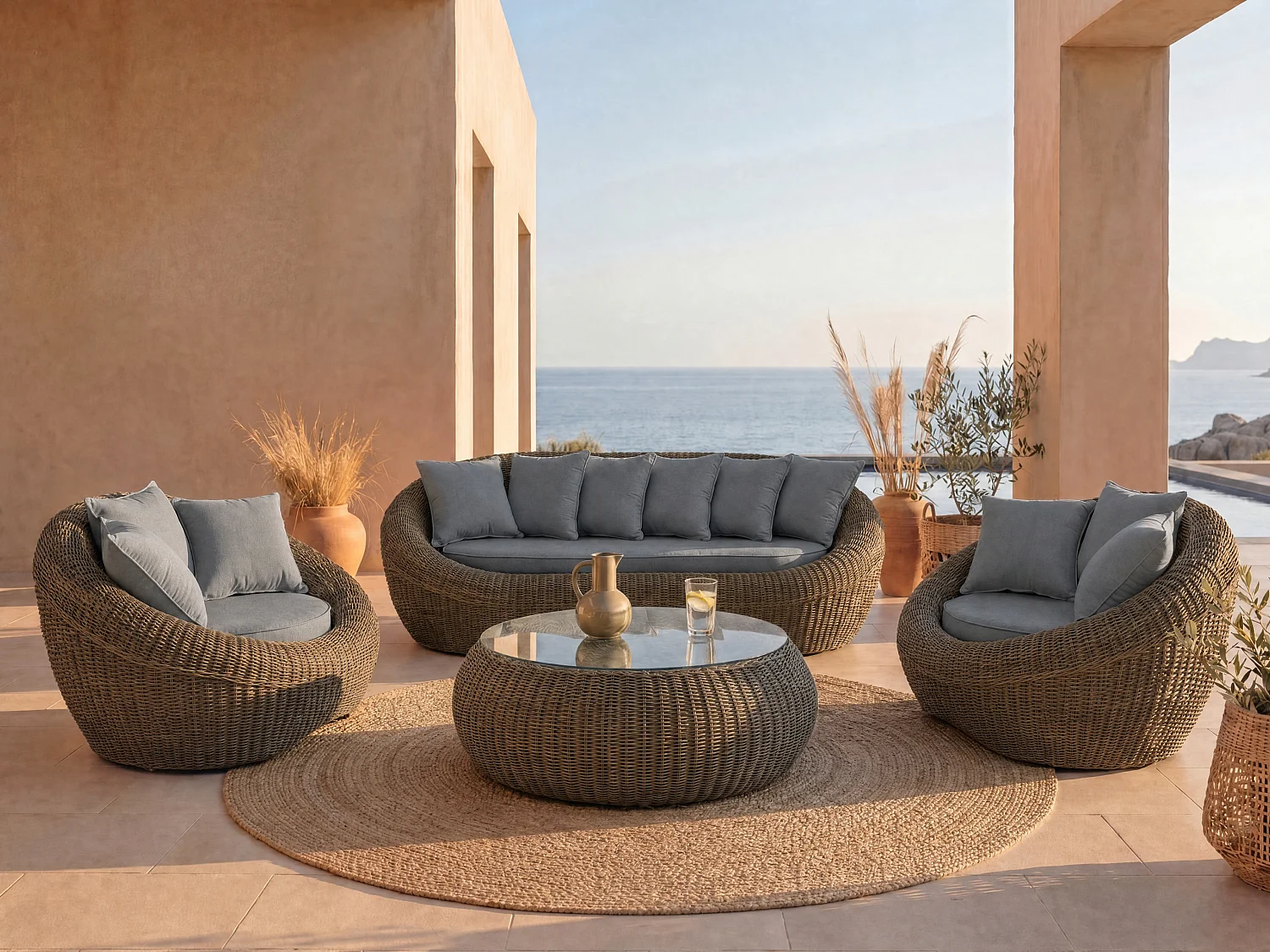 Salon de jardin en résine tressée naturel foncé : canapé, 2 fauteuils et table basse - WHITEHEAVEN de MYLIA