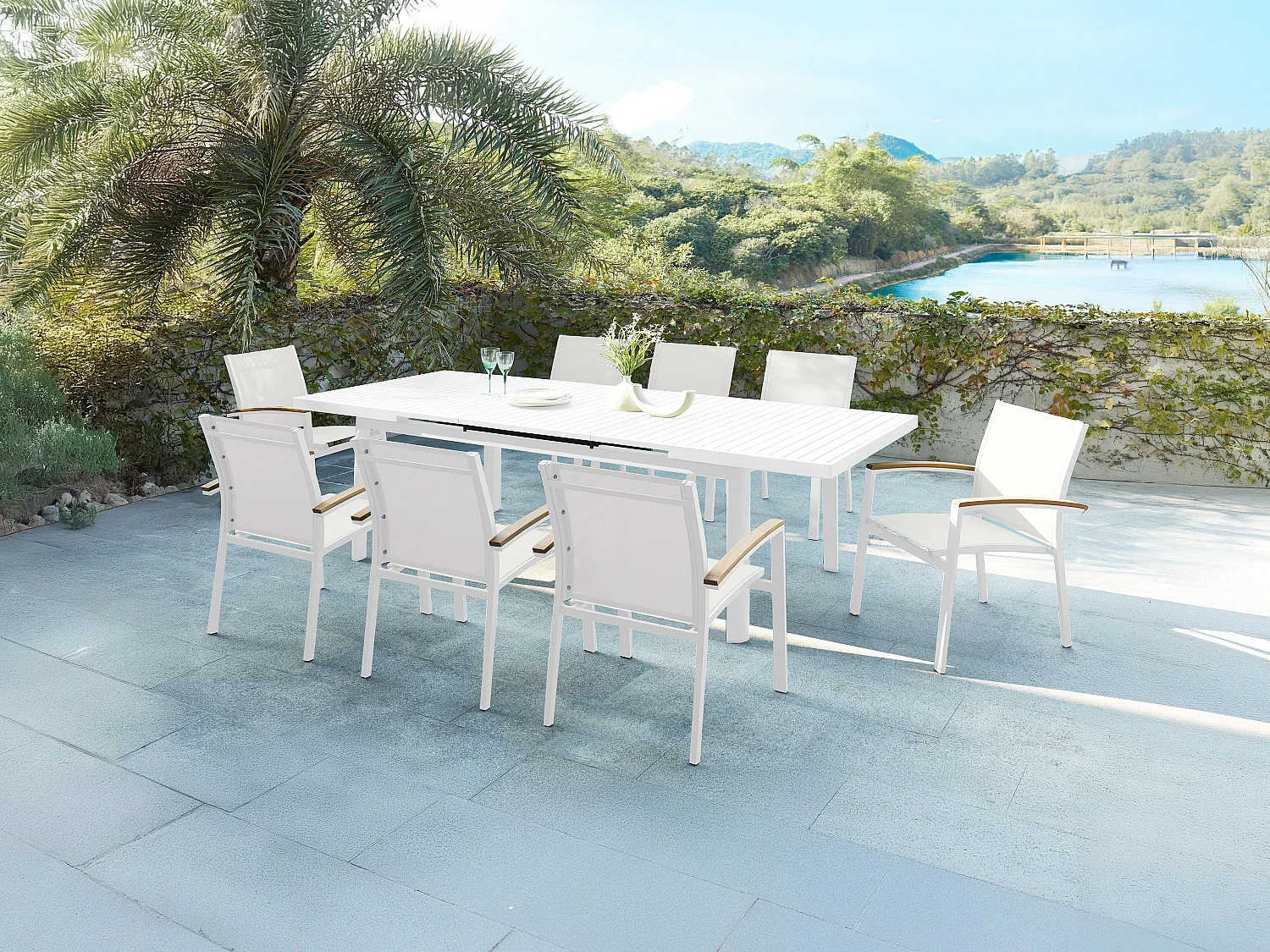 Conjunto de 2 sillones de jardín apilables de aluminio y textileno - Blanco y reposabrazos de acacia - TAIPIVAI de MYLIA