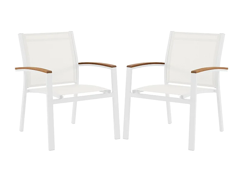Lot de 2 fauteuils de jardin empilables en aluminium et textilène - Blanc et accoudoirs acacia - TAIPIVAI de MYLIA