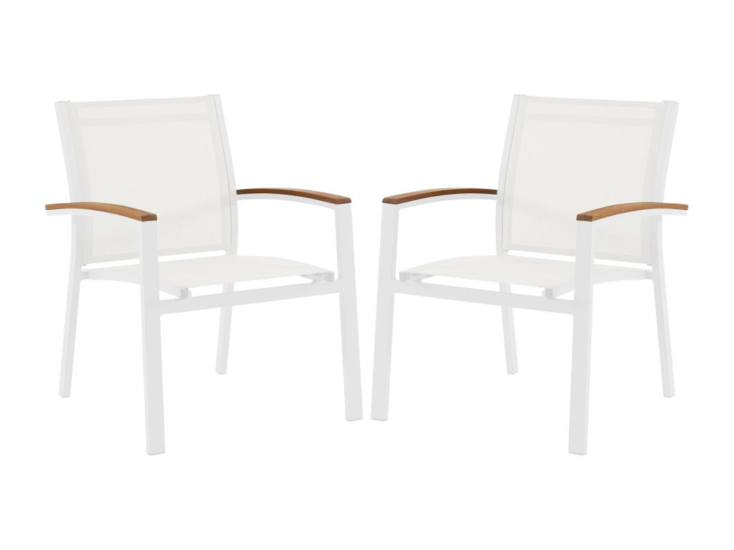 Lot de 2 fauteuils de jardin empilables en aluminium et textilène - Blanc et accoudoirs acacia - TAIPIVAI de MYLIA