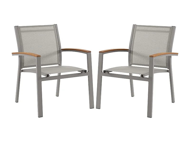 Gartensessel 2er Set - stapelbar - Aluminium & Textilene - Taupe & Armlehnen Akazie - TAIPIVAI von MYLIA
