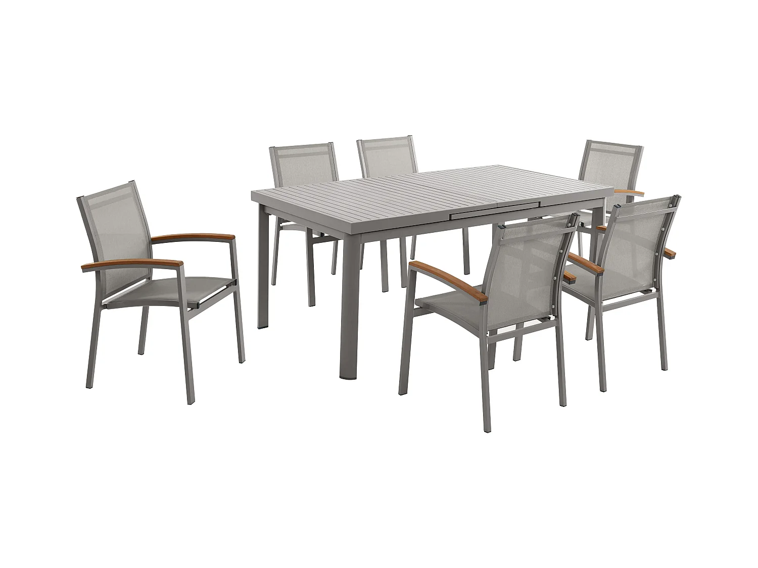 Tuineetset van aluminium: een uitschuifbare tafel L180/240 cm en 6 opstapelbare fauteuils met armleuningen van acaciahout - Taupegrijs - NAURU van MYLIA