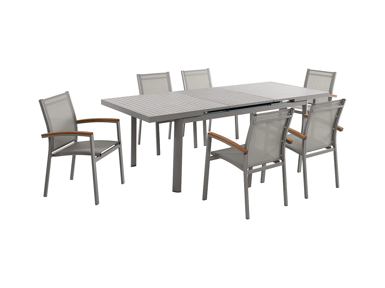 Tuineetset van aluminium: een uitschuifbare tafel L180/240 cm en 6 opstapelbare fauteuils met armleuningen van acaciahout - Taupegrijs - NAURU van MYLIA