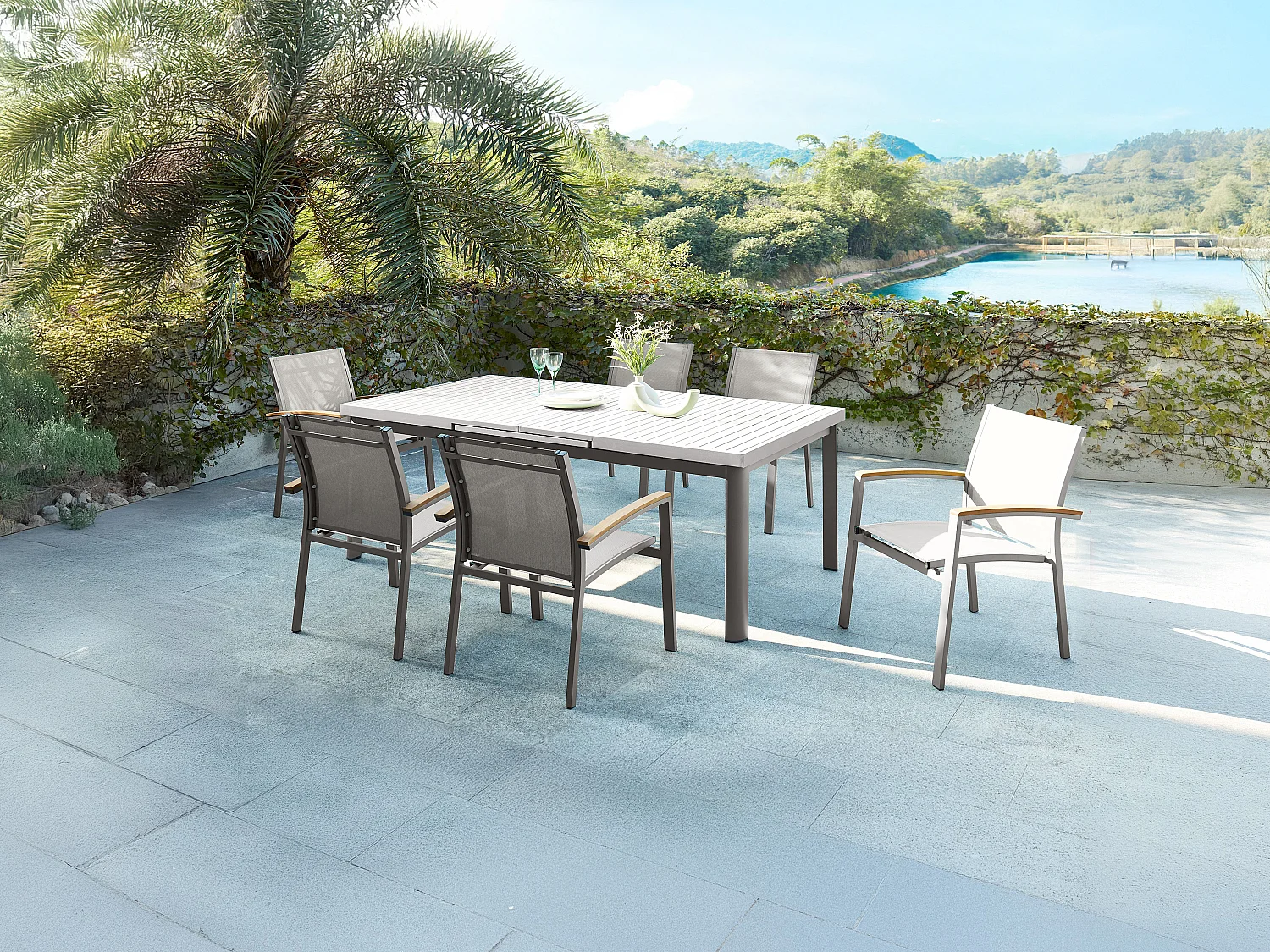 Tuineetset van aluminium: een uitschuifbare tafel L180/240 cm en 6 opstapelbare fauteuils met armleuningen van acaciahout - Taupegrijs - NAURU van MYLIA