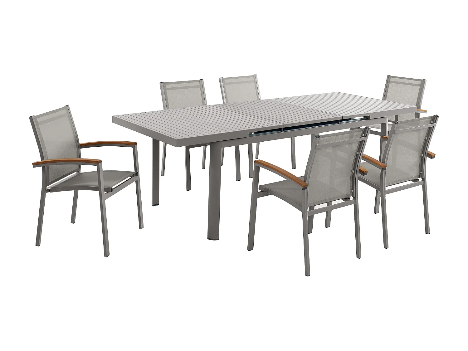 Garten-Essgruppe: Tisch ausziehbar 180/240 cm + 6 stapelbare Sessel mit Armlehnen aus Akazienholz - Aluminium - Taupe - NAURU von MYLIA
