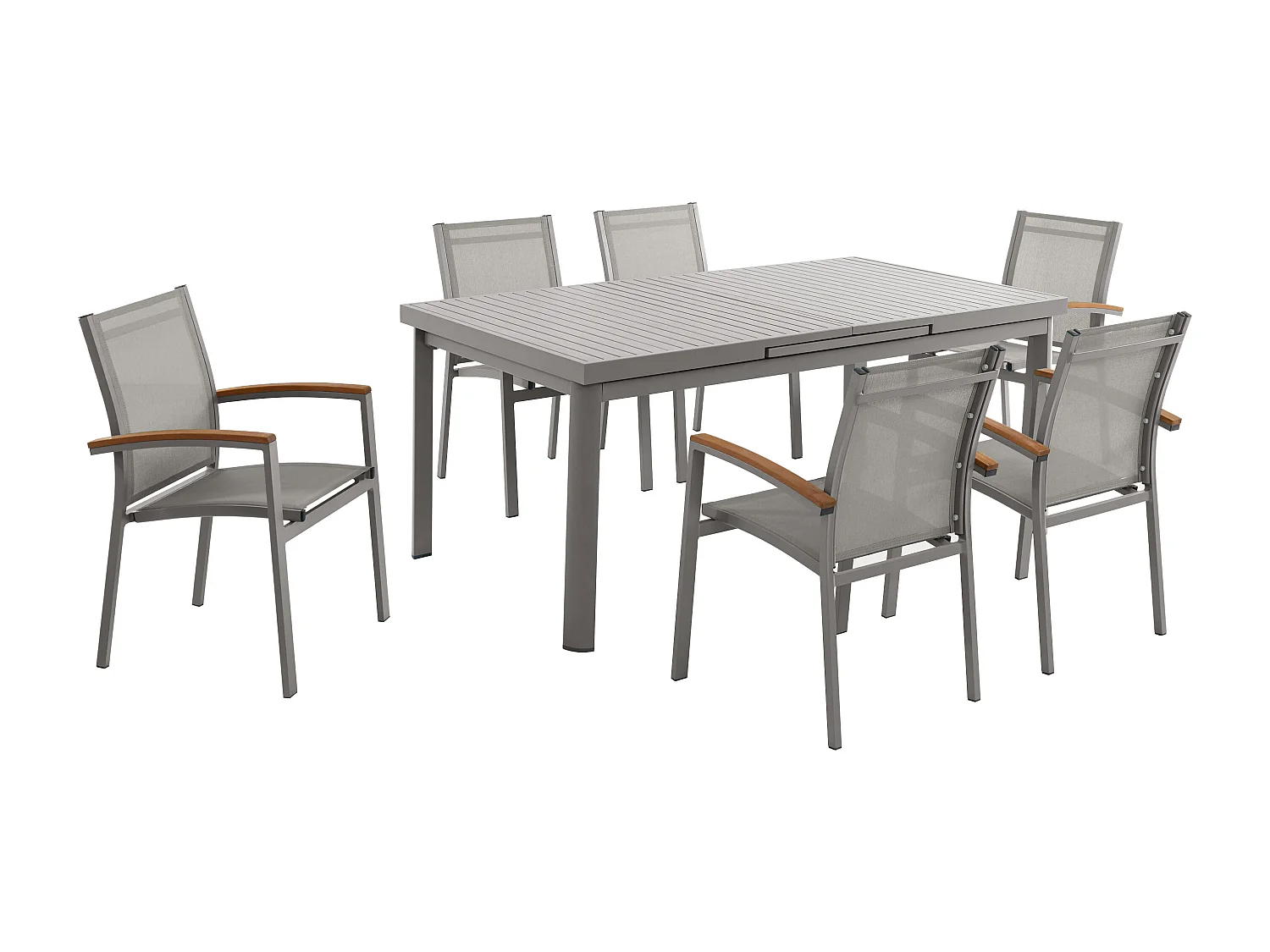 Garten-Essgruppe: Tisch ausziehbar 180/240 cm + 6 stapelbare Sessel mit Armlehnen aus Akazienholz - Aluminium - Taupe - NAURU von MYLIA