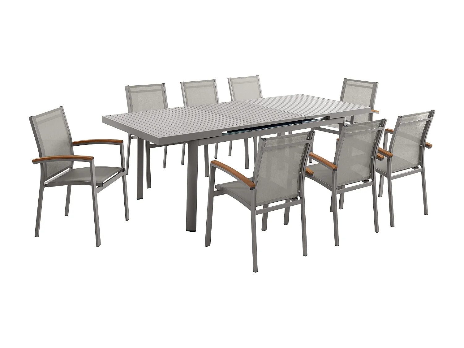 Tuineetset van aluminium: een uitschuifbare tafel L180/240 cm en 8 opstapelbare fauteuils met armleuningen van acaciahout - Taupegrijs - NAURU van MYLIA