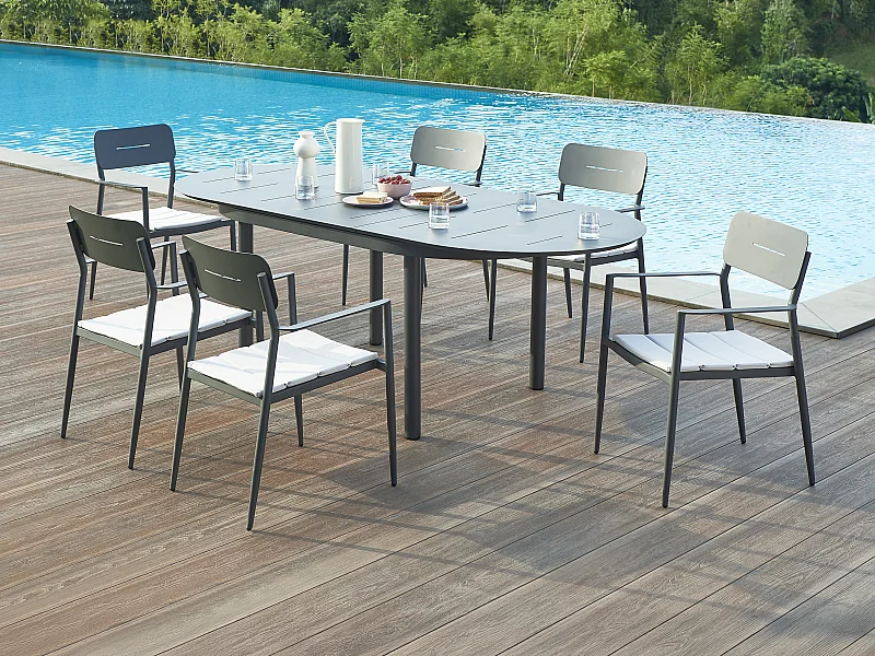 Salle à manger de jardin en aluminium : table extensible L.170/220 cm et 6 fauteuils empilables - Anthracite - LOTTYS de MYLIA