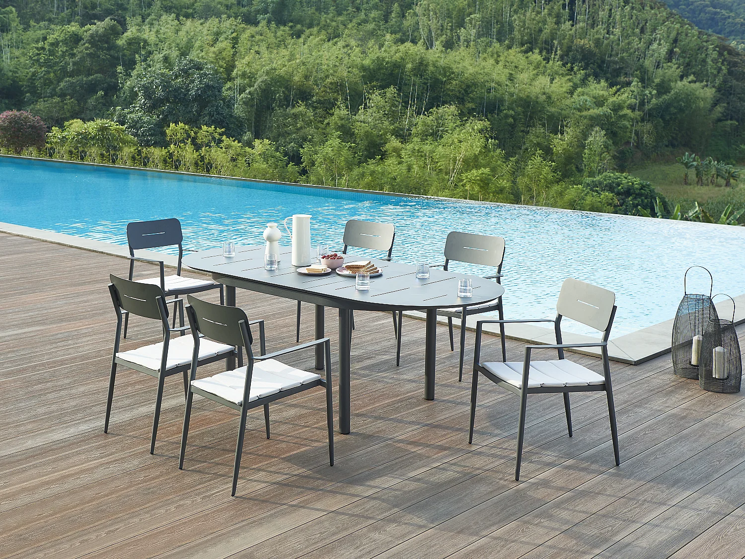 Salle à manger de jardin en aluminium : table extensible L.170/220 cm et 6 fauteuils empilables - Anthracite - LOTTYS de MYLIA