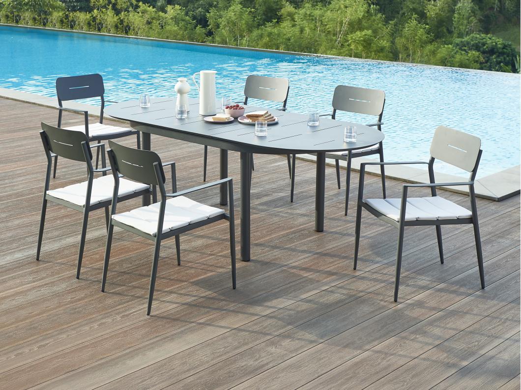 Garten-Essgruppe: Tisch ausziehbar 170/240 cm + 6 stapelbare Sessel - Aluminium - Anthrazit - LOTTYS von MYLIA