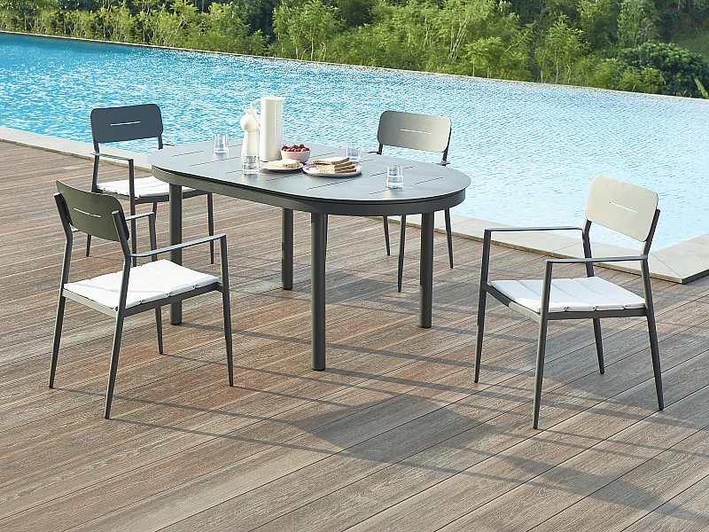 Salle à manger de jardin en aluminium : table extensible L.170/220 cm et 4 fauteuils empilables - Anthracite - LOTTYS de MYLIA