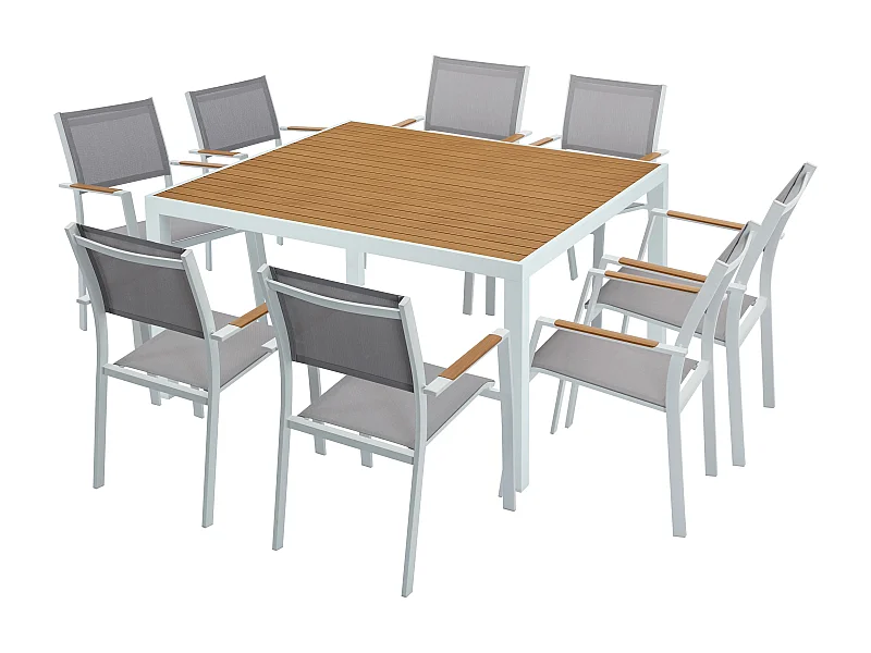 Salle à manger de jardin en aluminium : une table carrée L.140 cm et 8 fauteuils empilables - Naturel clair et gris - MACILA de MYLIA