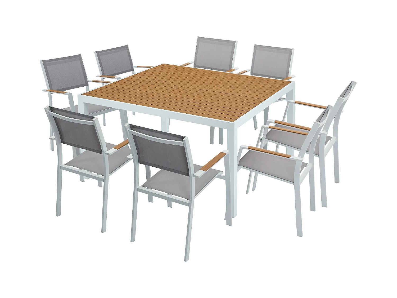 Salle à manger de jardin en aluminium : une table carrée L.140 cm et 8 fauteuils empilables - Naturel clair et gris - MACILA de MYLIA