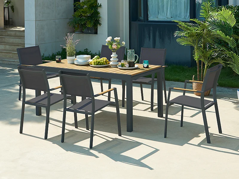 Salle à manger de jardin en aluminium et polywood : une table extensible L.170/230 cm et 6 fauteuils empilables - Naturel clair et anthracite - MACILA de MYLIA