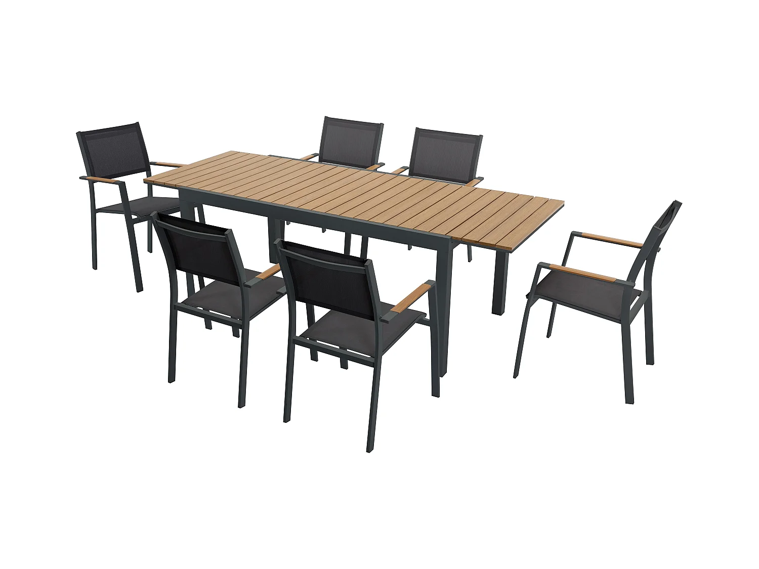 Garten-Essgruppe: Tisch ausziehbar 170/230 cm + 6 stapelbare Sessel - Aluminium & Polywood - Holzfarben hell & Anthrazit - MACILA von MYLIA
